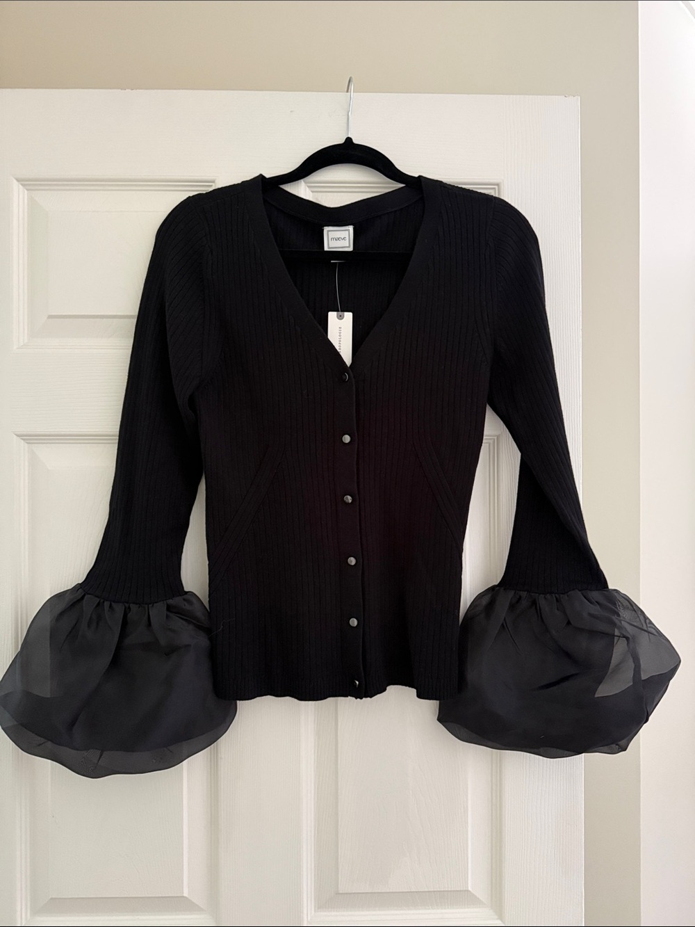 Anthropologie Black Ribbed Button-Up Sweater with Sheer Balloon Cuffs